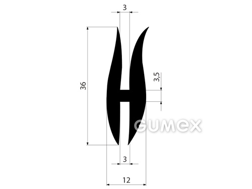 "H" Gummiprofil, 36x12/3/3mm, 70°ShA, EPDM, ISO 3302-1 E2, -40°C/+100°C, schwarz, 